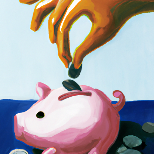 An acrylic painting of a hand opening a piggy bank with coins spilling out