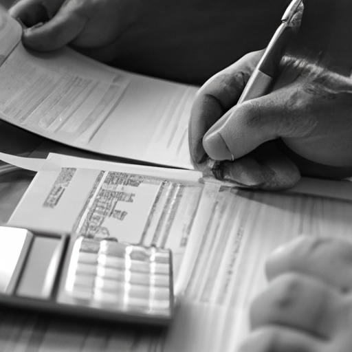 A black and white photo of a person holding a pen and paper doing investment calculations