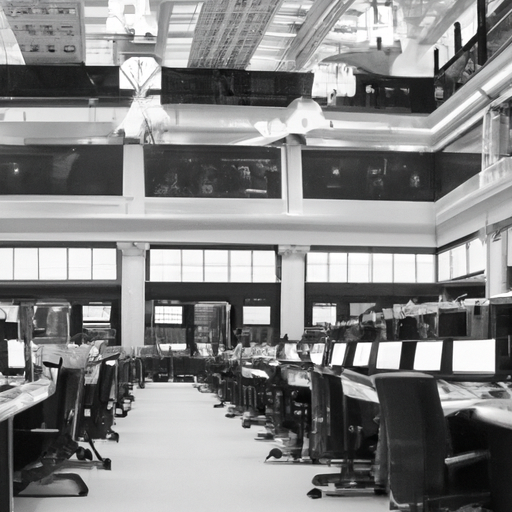A black and white photo of a stock exchange trading floor