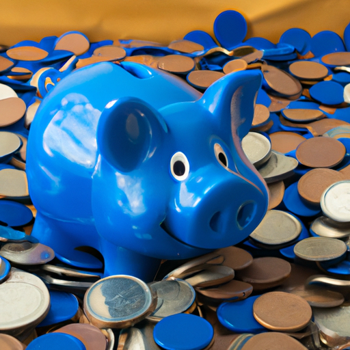 A blue piggy bank sitting on a bed of coins