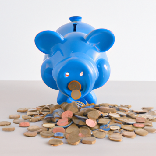 A blue piggy bank with coins overflowing from the top