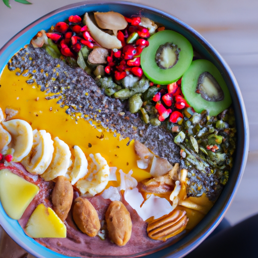 A bright and vibrant smoothie bowl filled with fresh fruit nuts and seeds