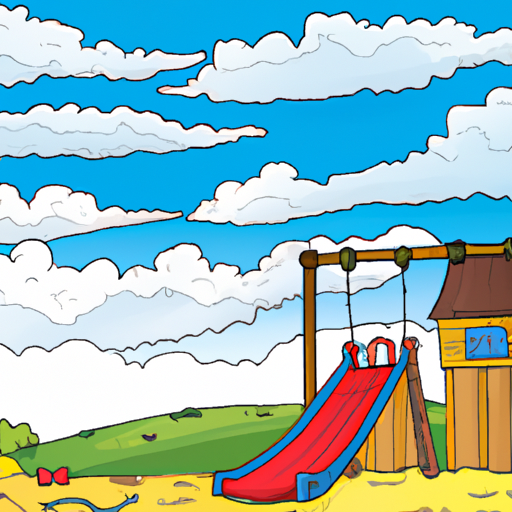 cartoon of a childrens playground with a vibrant sky in the background
