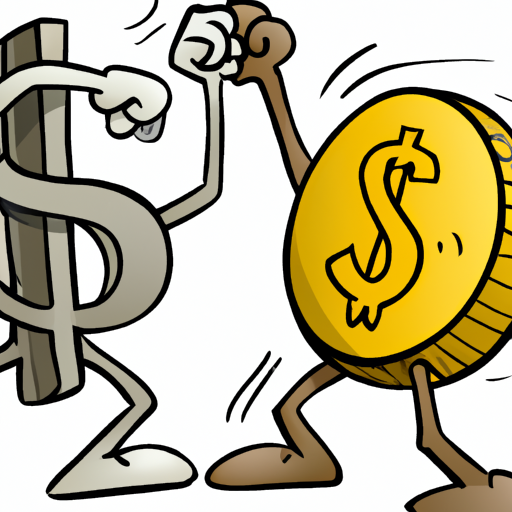 cartoon of a coin and a dollar bill fighting