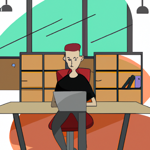 cartoon of a person using laptop with the background a office