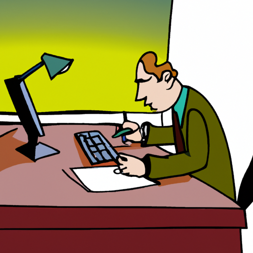 cartoon of someone working at a desk in style of corporate art