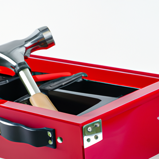 A closeup of a bright red toolbox with a hammer inside