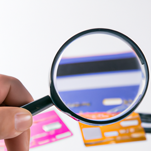 A closeup of a persons hand holding a credit card and a magnifying glass
