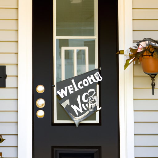 A closeup photo of a front door with a welcome sign