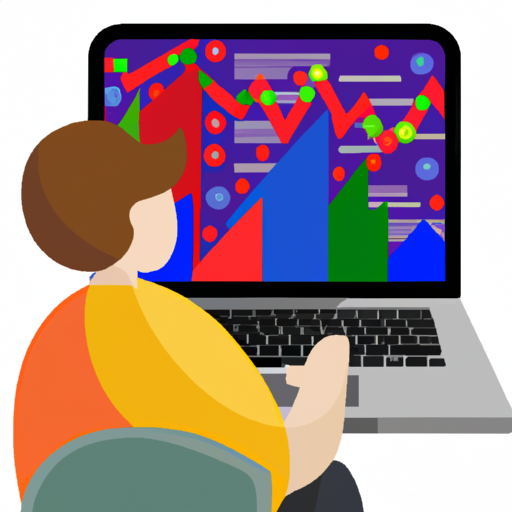 A colorful graphic of a person researching stocks on a laptop
