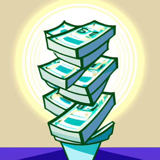 A colorful illustration of a stack of paper money with a bright light shining down on it
