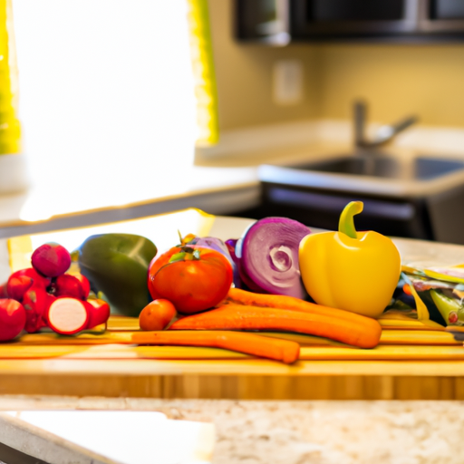 A colorful selection of vegetables on a cutting board in a brightly lit kitchen