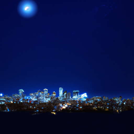 A dark blue night sky illuminated by a full moon hovering above a city skyline