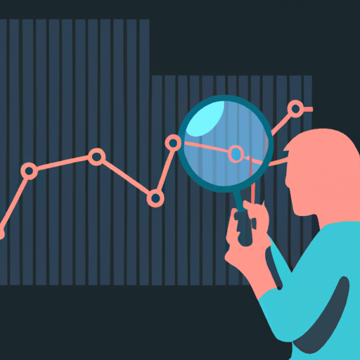 A dark illustration of a person holding a magnifying glass looking at a graph