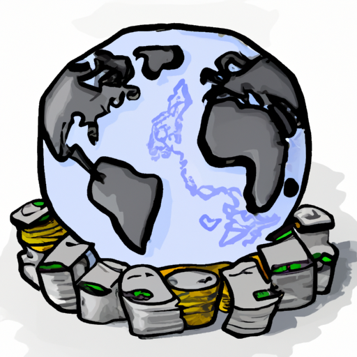 A drawing of coins scattered over a globe