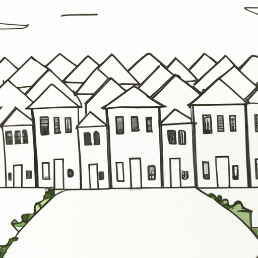 A drawing of a housing development with rows of houses