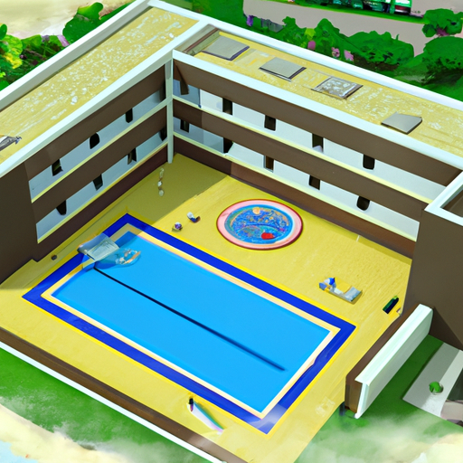 A drawing of a modern apartment complex with a pool