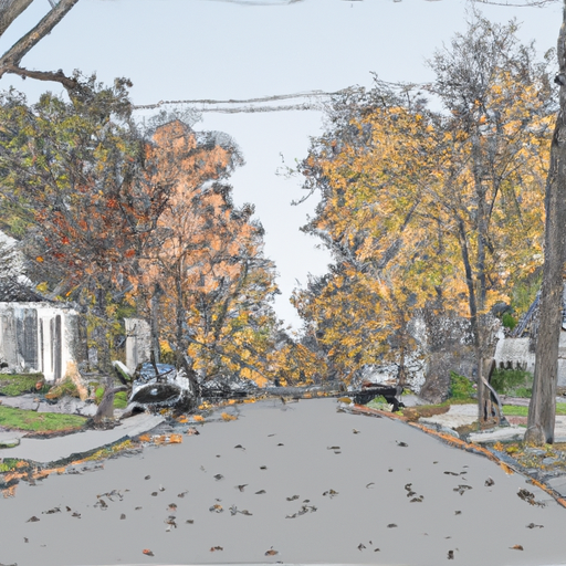 A drawing of a neighborhood street lined with trees in the fall