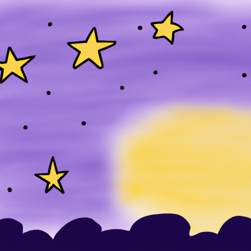 A drawing of a sunset with a purple sky and yellow stars