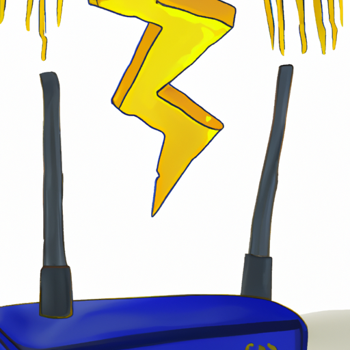 A drawing of a yellow and blue wireless router with a lightning bolt