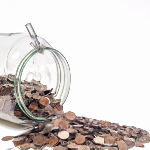 A glass jar with a dollar sign and coins spilling out of the top