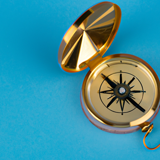 A golden compass on a blue background