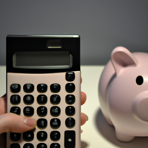 A hand holding a calculator with a piggy bank in the background