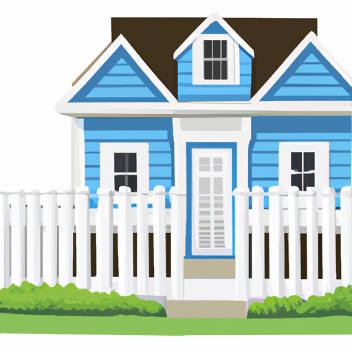 an illustration of a blue house with a white picket fence