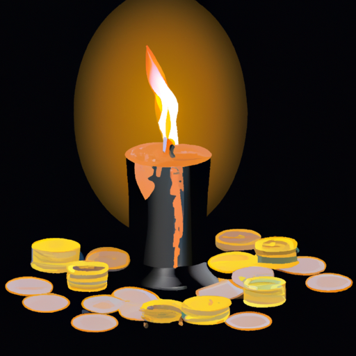 An illustration of a burning candle on a black background with coins and dollar bills scattered around