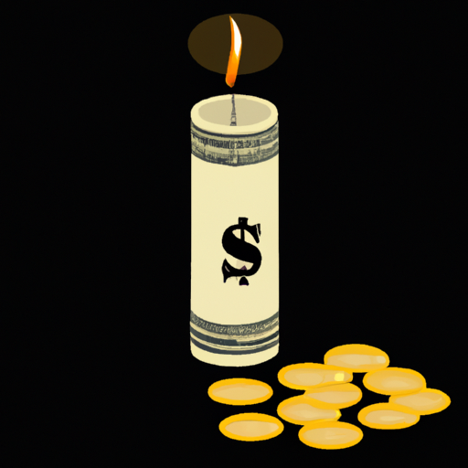 An illustration of a burning candle on a black background with stacks of coins and dollar bills