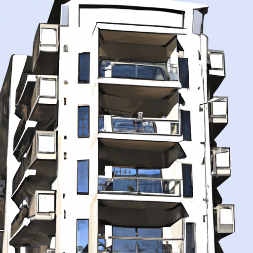 An illustration of a contemporary condominium building with balconies