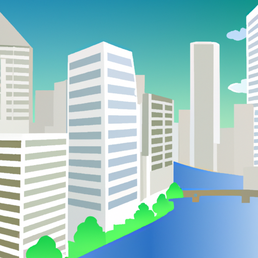 an illustration of a downtown cityscape with tall buildings and a river