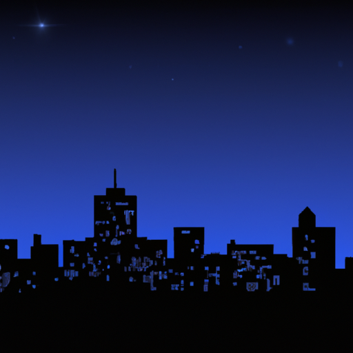 An illustration of a downtown skyline at night with lights from buildings