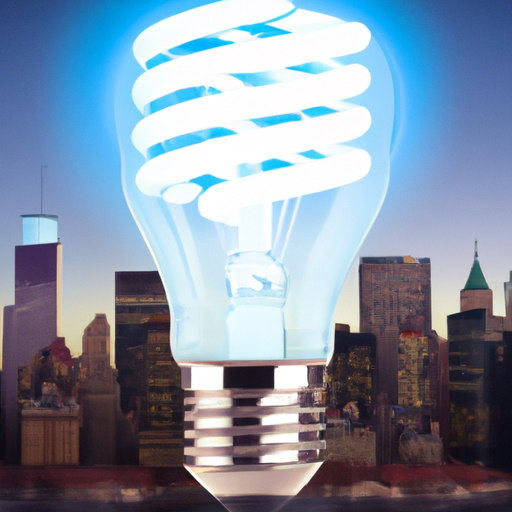 An illustration of an energy efficient lightbulb glowing over a city skyline