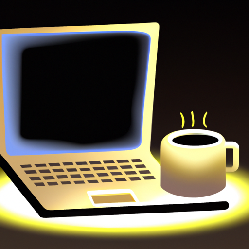 An illustration of a glowing laptop with a coffee cup beside it
