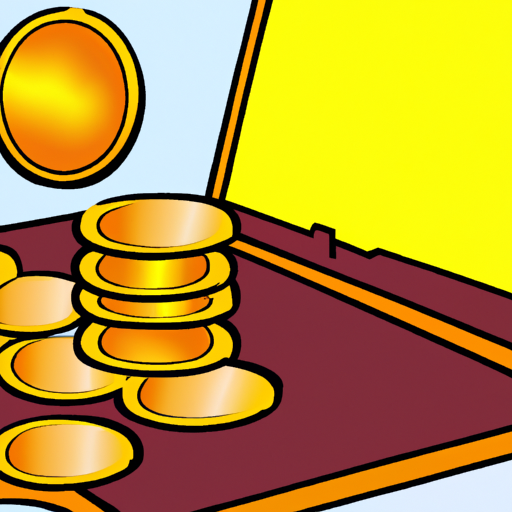 An illustration of a goldenrimmed coin in front of an open laptop