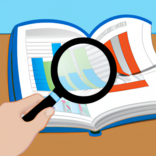 An illustration of a hand holding a magnifying glass over an open book with a chart