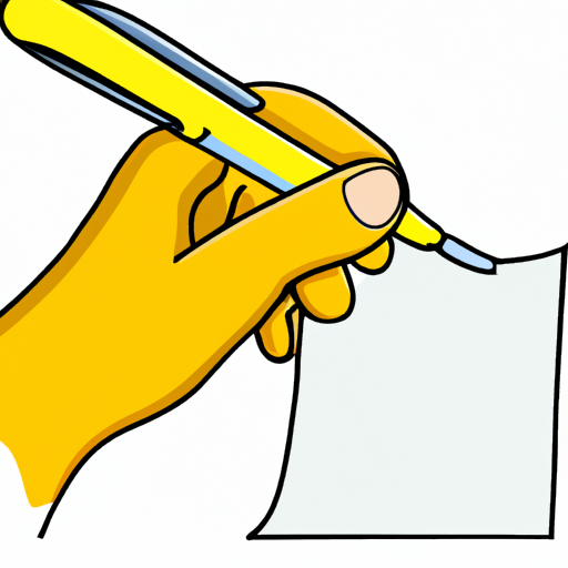 An illustration of a hand holding a yellow pen writing on a white sheet of paper