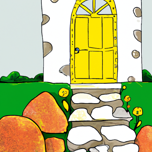 An illustration of a house with a bright yellow door and a rock garden