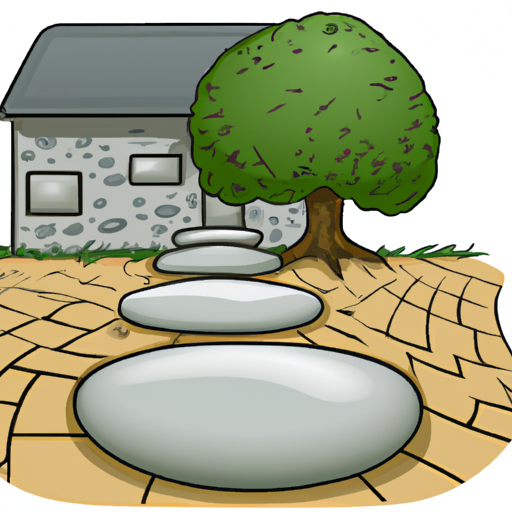 An illustration of a house with a large tree and a stone walkway