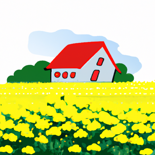 An illustration of a house with a red roof in a field of yellow flowers