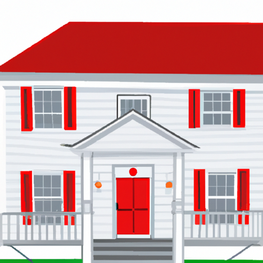 An illustration of a house with a white porch and red shutters