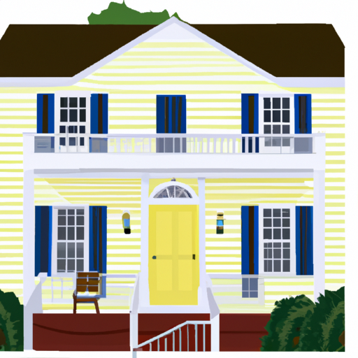 An illustration of a house with yellow shutters and a white porch