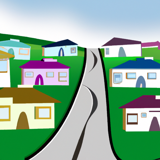 An illustration of a row of houses and a winding road in the background