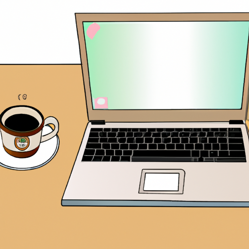 An illustration of a laptop computer with a cup of coffee on a desk