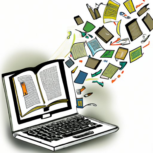 An illustration of a laptop with a book open and notes scattered around it