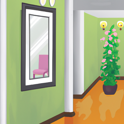 An illustration of a painting hung in a hallway with a mirror