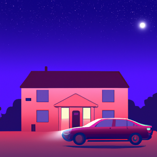 An illustration of a car parked in front of a house under a night sky