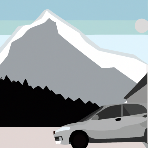 An illustration of a car parked in front of a mountain range