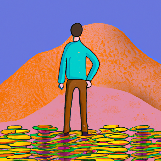 An illustration of a person in front of a colorful mountain of coins